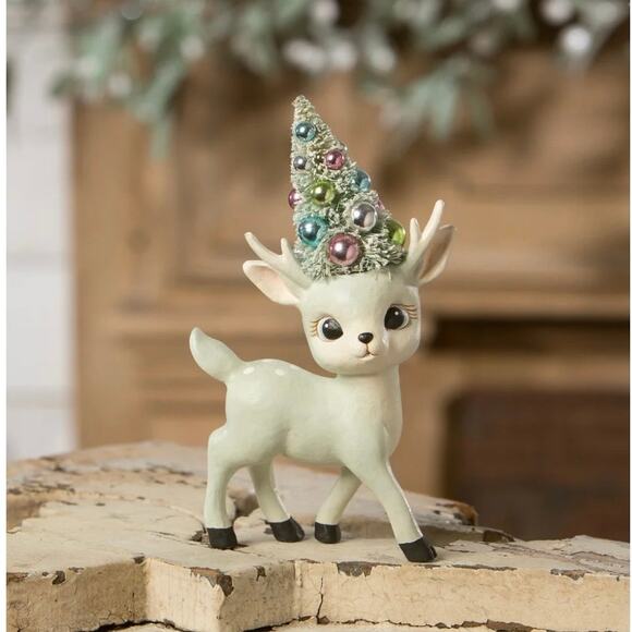 Set of 2 Bethany Lowe Pastel Pink Aqua Blue Reindeer Deer Bottle Brush Tree NEW - Picture 4 of 5